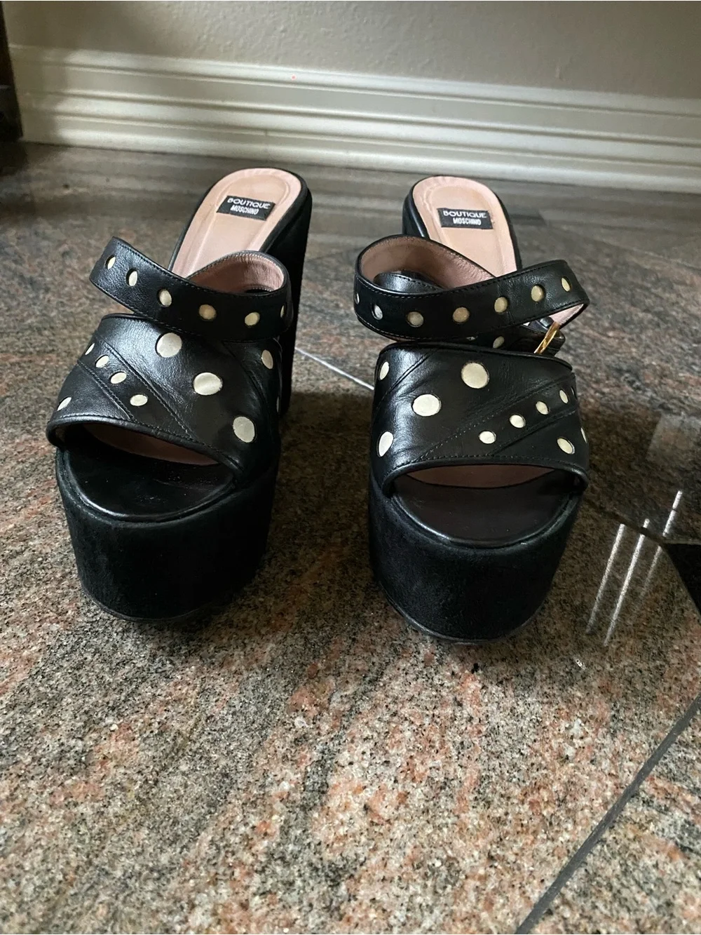 Moschino Black Leather Platform Sandals with White Polka Dots and Gold Buckle